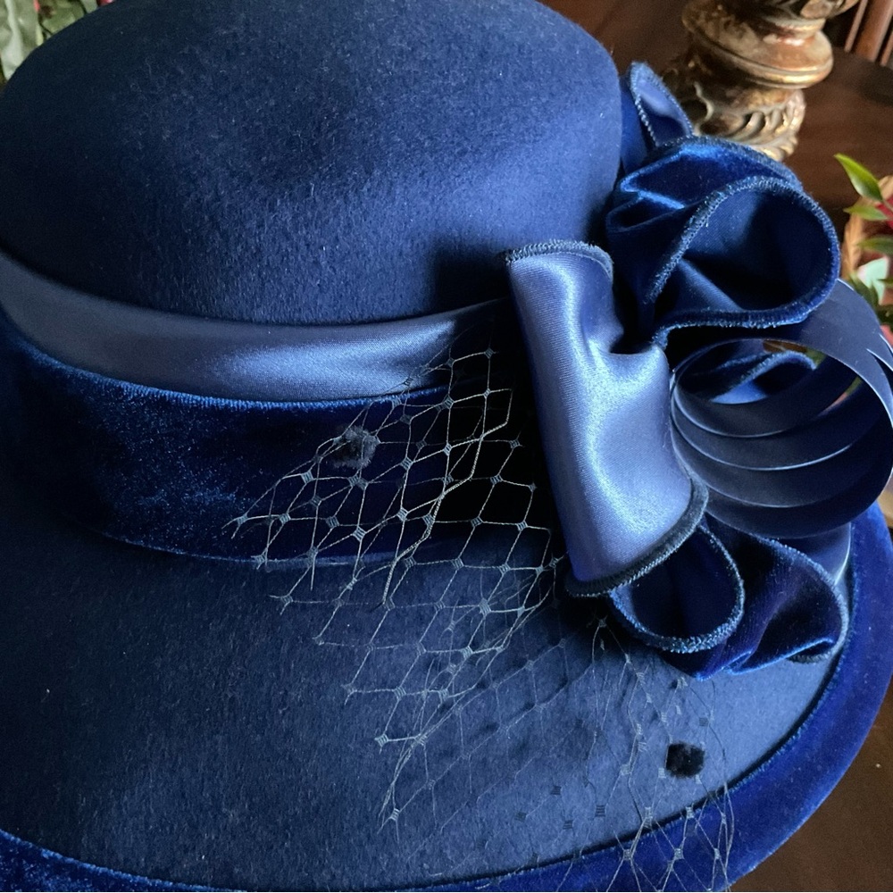 Lowliet Elegant Royal Blue Wool Women's Dress Hat with Satin Bow NEW - Picture 6 of 8